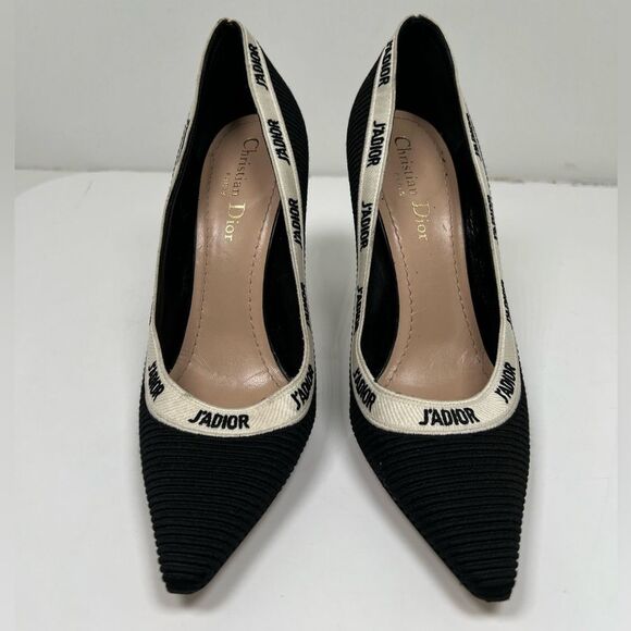 CHRISTIAN DIOR Technical Canvas Ribbon Embroidered J'Adior 100mm Pumps 38 Black - Picture 2 of 7